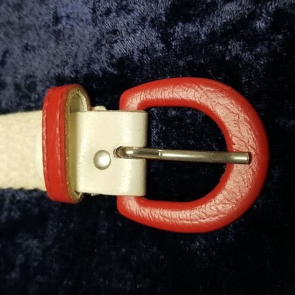 Vintage Astor Cloth Belt Cream with Red Leather Buckle 36" - Picture 2 of 13